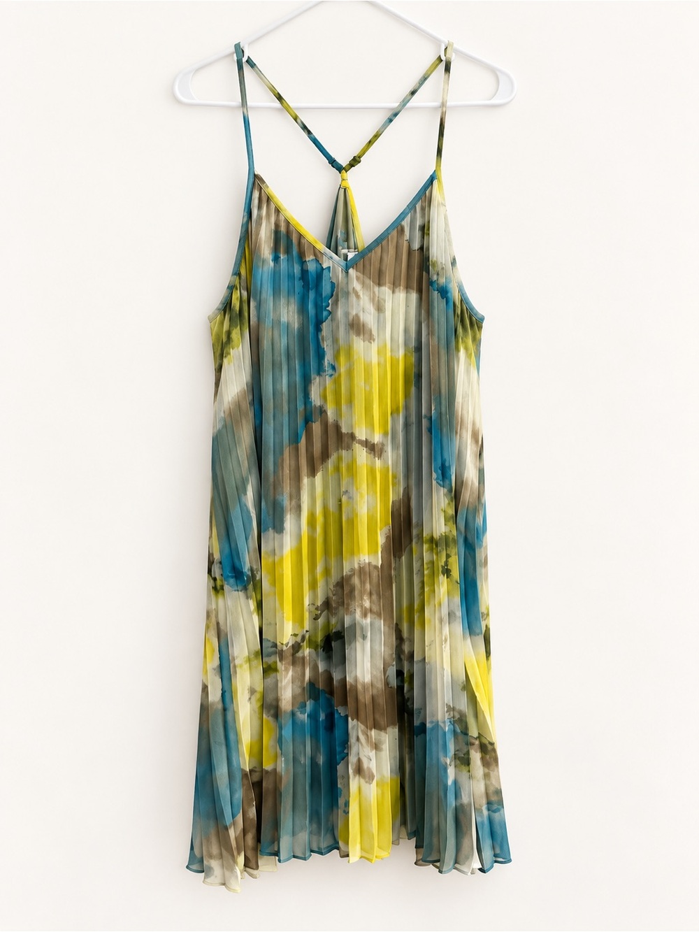 Bar III XL Watercolor Pleated Dress | Teal & Yellow | Strappy Back